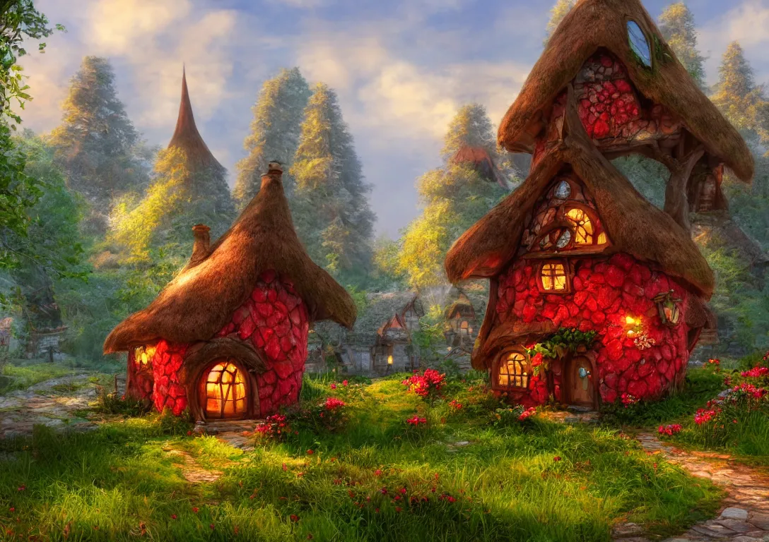 Prompt: fairy tale cottage in shape of strawberry, fantasy artwork, very beautiful scenery, hd, hdr, unreal engine 5, cinematic 4 k wallpaper, 8 k, ultra detailed, high resolution, artstation
