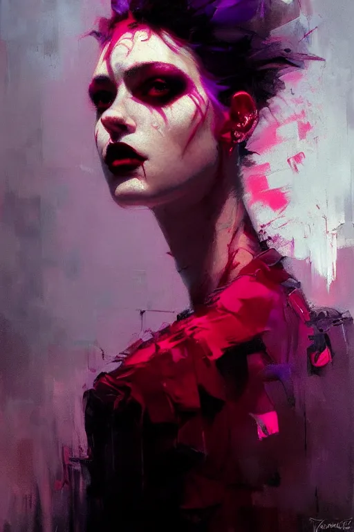 Image similar to portrait of a beautiful goth girl, shades of red and purple, beautiful face, rule of thirds, intricate outfit, spotlight, by greg rutkowski, by jeremy mann, by francoise nielly, by van gogh, digital painting