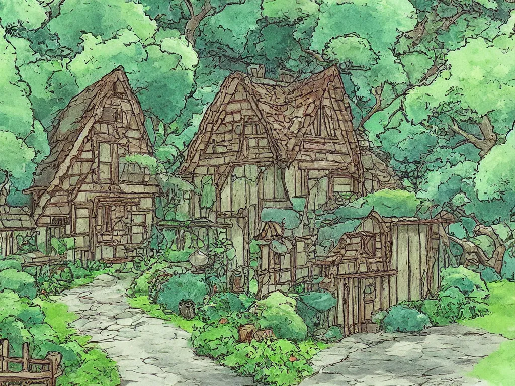 Image similar to garden wood house in the style of studio ghibli