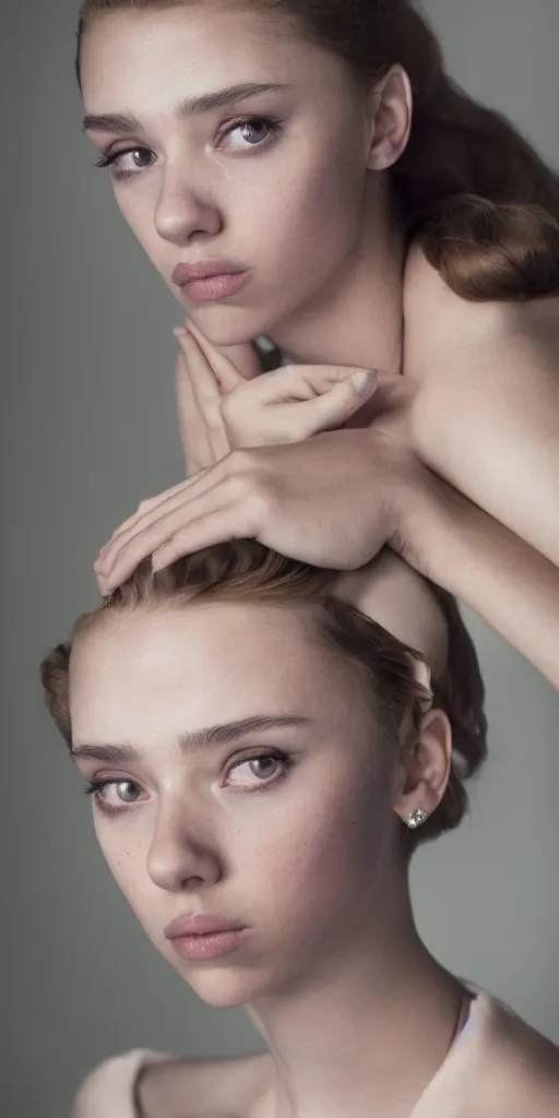 Prompt: dramtically lit, high quality studio photo of a girl who looks like 16-year old Audrey Hepburn and Scarlett Johansson, with parted lips and stunning, anxious eyes, wearing a silver satin gown, by Steve McCurry