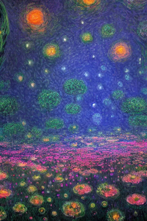 Prompt: a field of bioluminescent flowers surrounded by topiaries on a starlit night by Philipp A Urlich and Monet, trending on artstation, artstationHD, artstationHQ, 4k, 8k