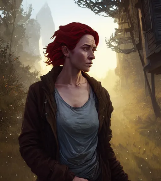 Image similar to Highly detailed portrait of homeless Triss Merigold, in GTA V, Stephen Bliss, unreal engine, fantasy art by Greg Rutkowski, Loish, Rhads, ferdinand knab, Makoto Shinkai and Lois van baarle, ilya kuvshinov, rossdraws, Tom Bagshaw, global illumination, radiant light, detailed and intricate environment