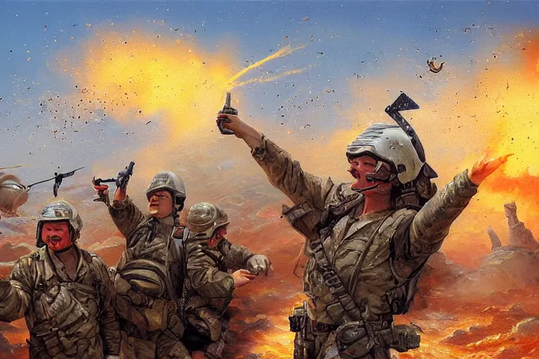 Image similar to portrait of rip taylor throwing confetti during desert storm war, an oil painting by ross tran and thomas kincade