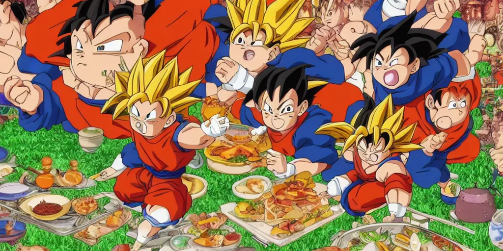 Prompt: A feast for Goku, very detailed, anime, Delicious, Plump, Juicy, Hot Food, large white border, hd, 8k, Unreal Engine 5, high resolution print :1 by Hayao Miyazaki, Nausicaa, studio Ghibli style, Anime wallpaper, cell shading, trending on deviant art :1