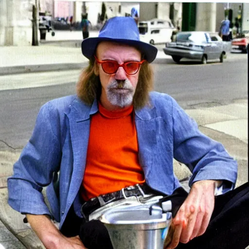 Prompt: hugh hopper on a street corner eating an orange and sipping pepsi