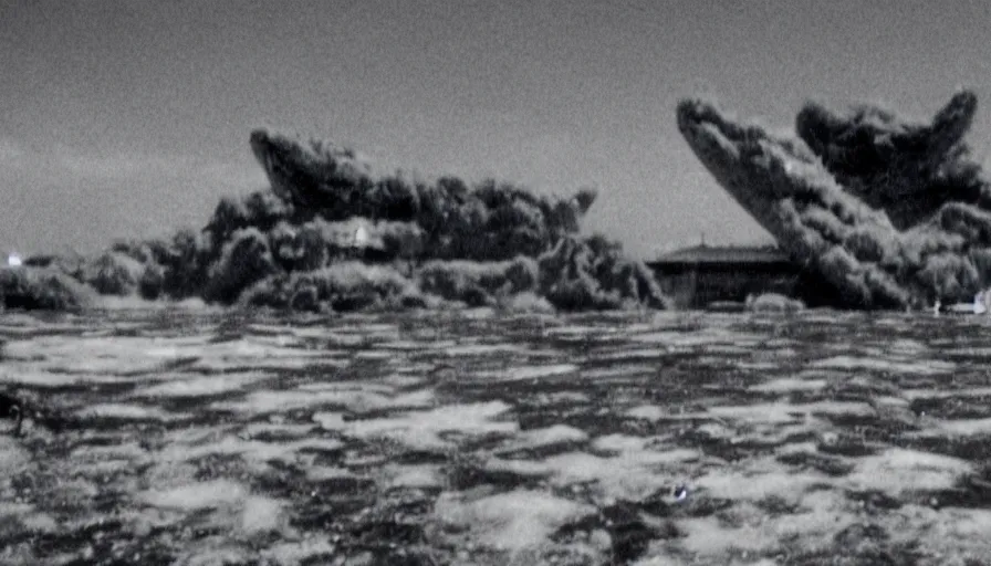 Image similar to a film still of a north korean monster movie, kaiju - eiga monster starfish - like over traditional korean palace, film noir, video compression, ripple effect