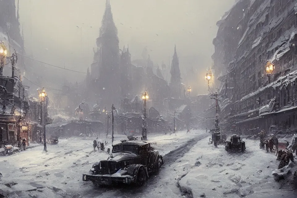 Image similar to highly detailed painting of dieselpunk stockholm, winter, snow, river, by greg rutkowski, 4 k resolution, trending on artstation