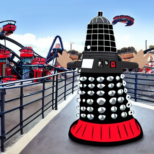 Prompt: A photo of a Dalek on a rollercoaster