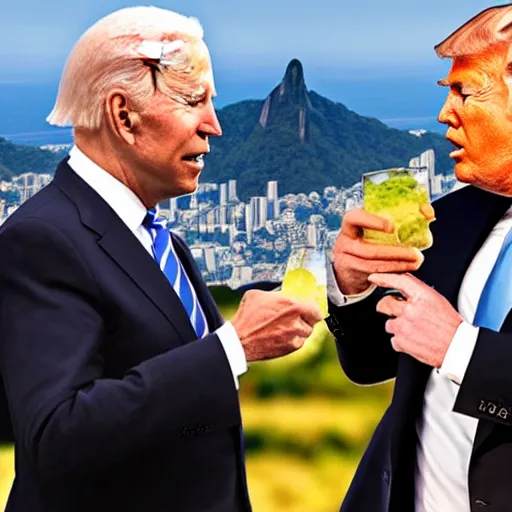 Prompt: realistic 4k image of Biden and Trump together drinking a caipirinha drink with Rio de Janeiro Corcovado on the background