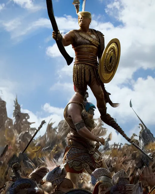 Image similar to a gigantic 1 0 0 0 foot bronze statue of a president donald trump holding his spear and shield, god of war, fantasy landscape, thousands of tiny onlookers, photorealistic, atmospheric