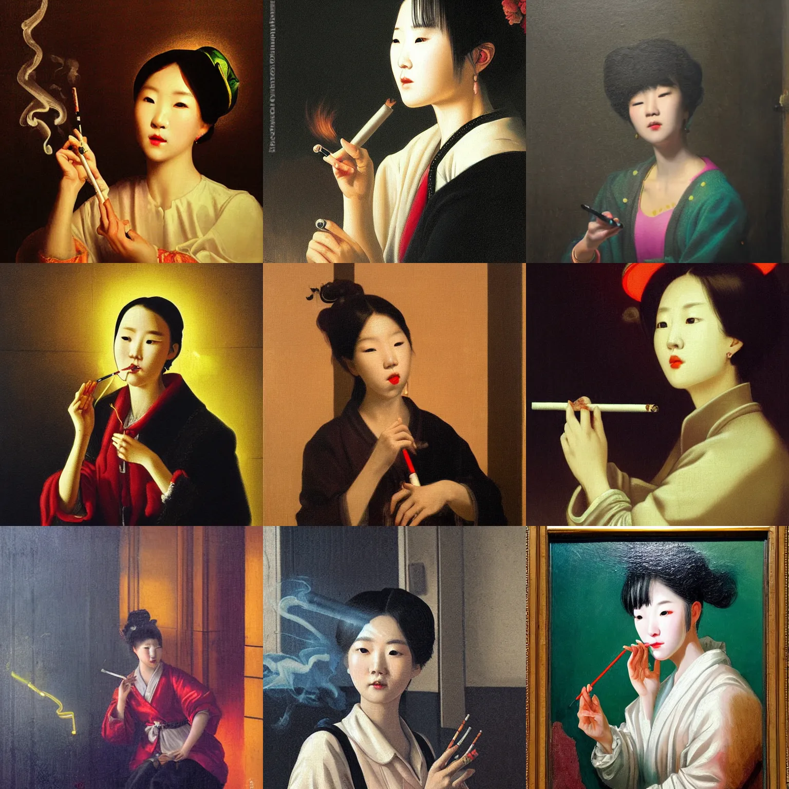 Prompt: a highly detailed neo-baroque painting of a Korean woman, her face beautifully lit by a neon sign as she smokes a cigarette, highly atmospheric and foggy