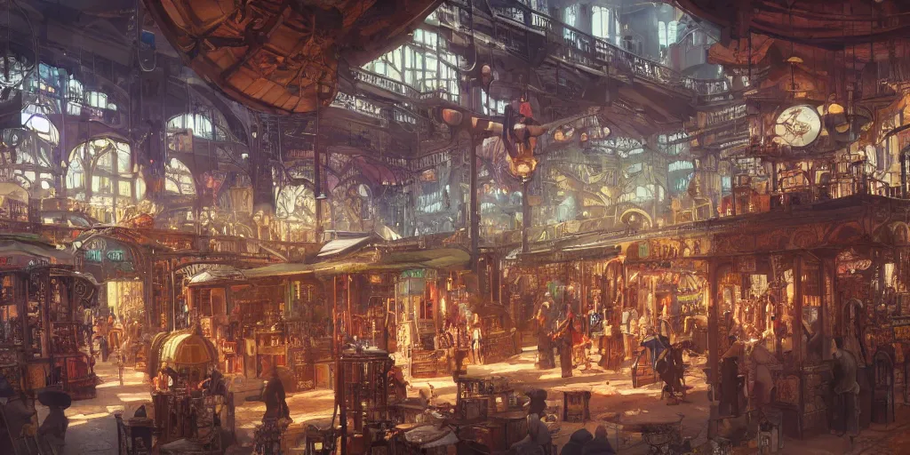 Image similar to steampunk market interior, colorful, 3 d scene, greg rutkowski, zabrocki, karlkka, jayison devadas, trending on artstation, 8 k, ultra wide angle, zenith view, pincushion lens effect