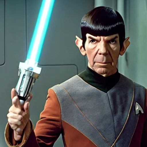 Image similar to a still shot of a movie, spock from star trek, spock holding a starwars lightsaber, spock in the hobbit shire, spock wearing hogwarts robes, spock is wearing a wizard's hat, 4k