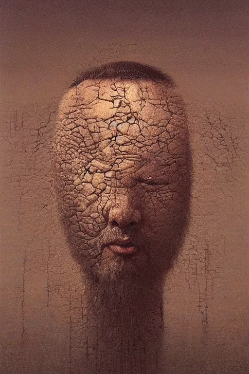 Image similar to ascii art, hyperrealism oil painting, portrait scary ai weiwei style zdzislaw beksinski