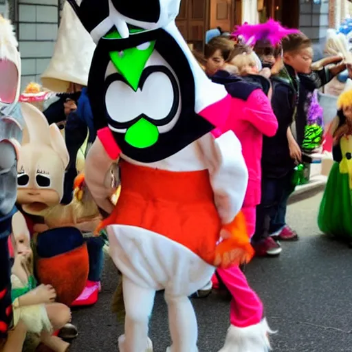 Image similar to paparazzi photo Man in Bugs Bunny costume spying on children at a birthday party, high quality, good lighting, masterpiece, beautiful beautiful beautiful beautiful beautiful