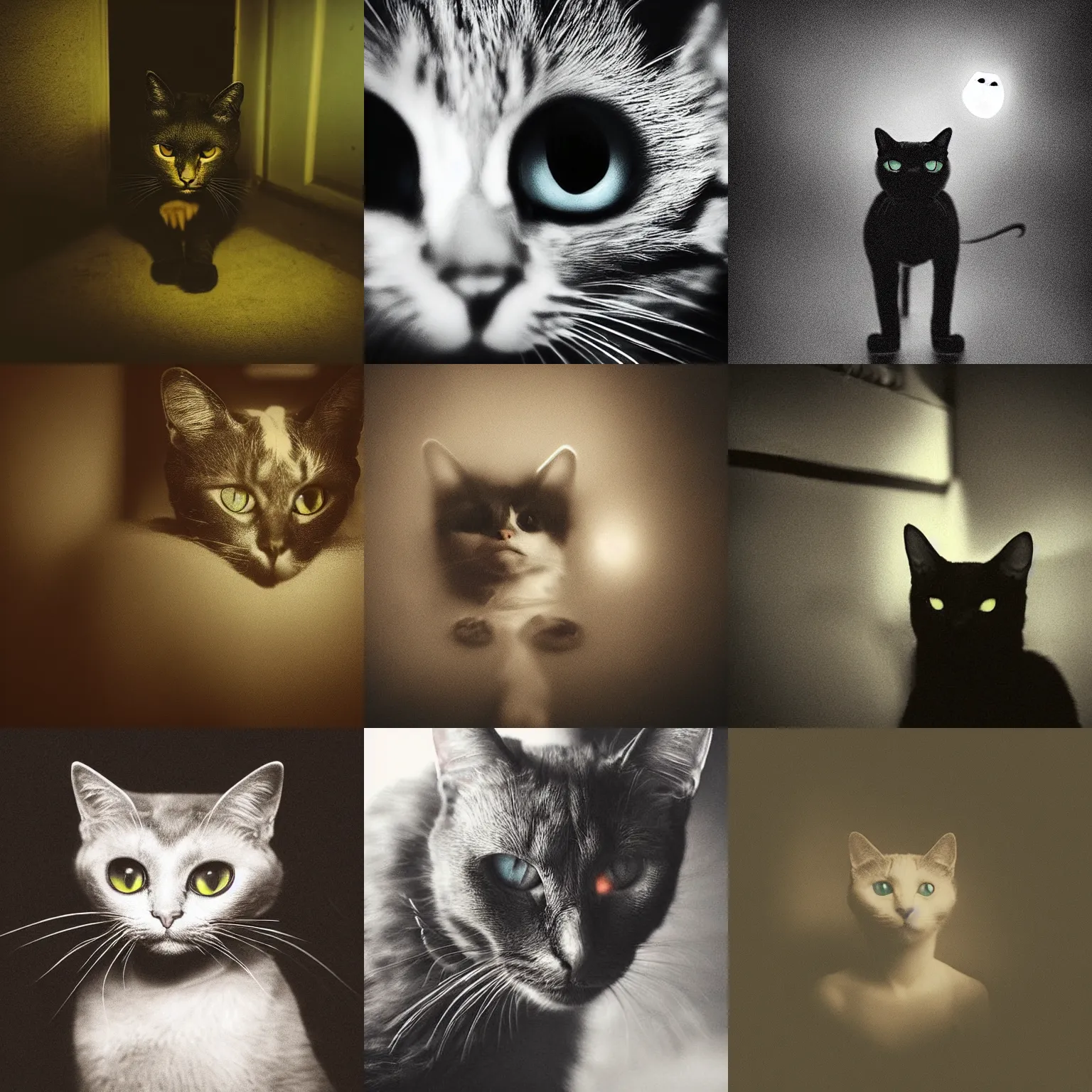 Prompt: photograph of a mysterious and unsettling cat that knows too many secrets, human eyes, creepy photography, midnight, glowing, dark fantasy art