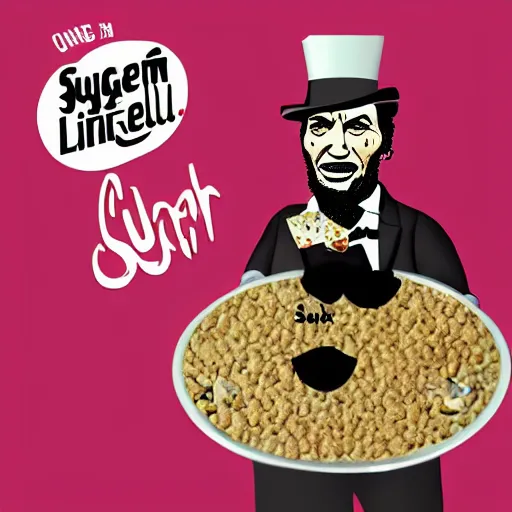 Prompt: silly cover art for sugar cereal featuring fat Abraham Lincoln