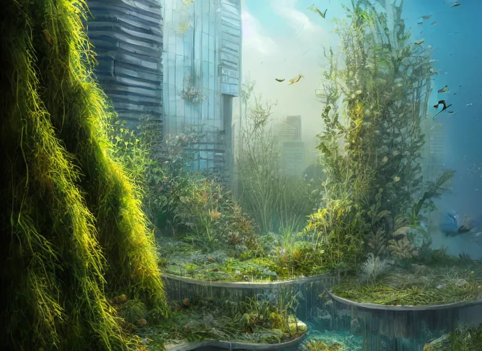 Image similar to overgrown foliage overtaking tall buildings, underwater environment, storefronts, sand, scenery, professional, award - winning, trending on artstation, hyper detailed, realistic, beautiful, emotional, shiny, golden, picture