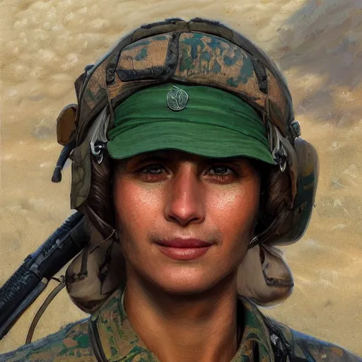 Image similar to a portrait of a happy Kurdish YPJ soldier, detailed, centered, digital painting, artstation, concept art, donato giancola, Joseph Christian Leyendecker, WLOP, Boris Vallejo, Breathtaking, 8k resolution, extremely detailed, beautiful, establishing shot, artistic, hyperrealistic, beautiful face, octane render