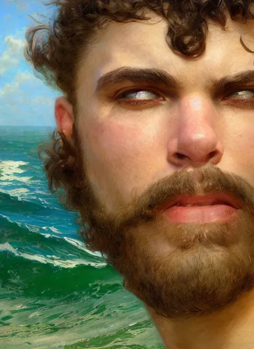 Prompt: detailed cinematic wide shot of muscular attractive young cuban man beard slim face symmetrical face tanskin green eyes white hair wearing sea clothes, ultra realistic, spring light, painting by gaston bussiere, craig mullins, j. c. leyendecker