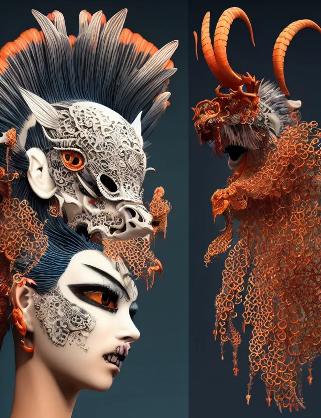 Image similar to 3 d goddess close - up profile simple portrait punk with mohawk with goat skull. beautiful intricately detailed japanese crow kitsune mask and clasical japanese kimono. betta fish, jellyfish phoenix, bio luminescent, plasma, ice, water, wind, creature, artwork by tooth wu and wlop and beeple and greg rutkowski