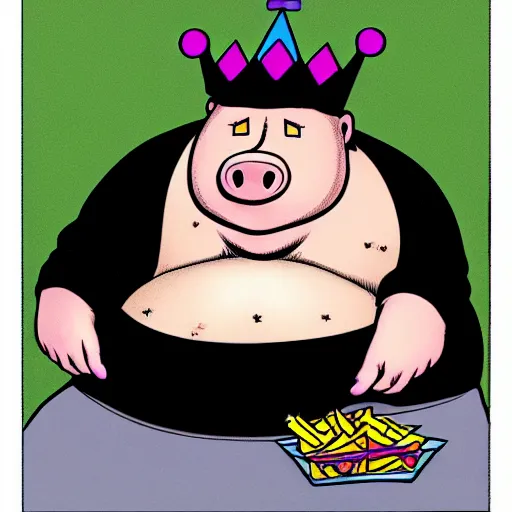 Prompt: comic art of a obese pig in a black tshirt wearing a crown eating snacks, drawn by Bruce MacKinnon, vivid color, cgsociety 4K