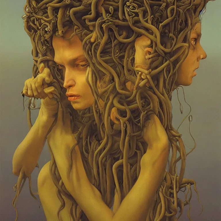 Prompt: portrait of Medusa, Edward Hopper and James Gilleard, Zdzislaw Beksinski, Steven Outram highly detailed