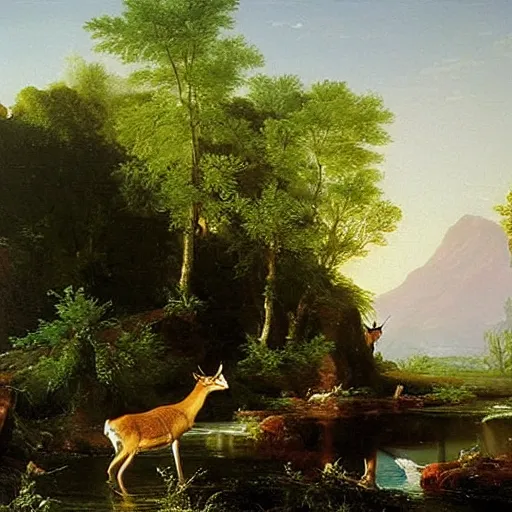 Image similar to A deer comes to drink from the stream. The deer is a metaphor for innocence. It is pure and untouched by the harshness of the world. It is gentle and fragile. An oil painting by Thomas Cole