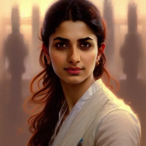 Image similar to Anxious good looking pale young Indian doctors wearing American clothes at the airport, portrait, elegant, intricate, digital painting, artstation, concept art, smooth, sharp focus, illustration, art by artgerm and greg rutkowski and alphonse mucha