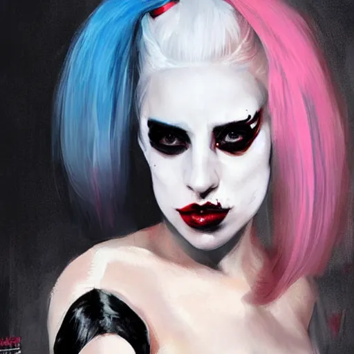 Image similar to lady gaga as harley quinn, painted by greg rutkowski