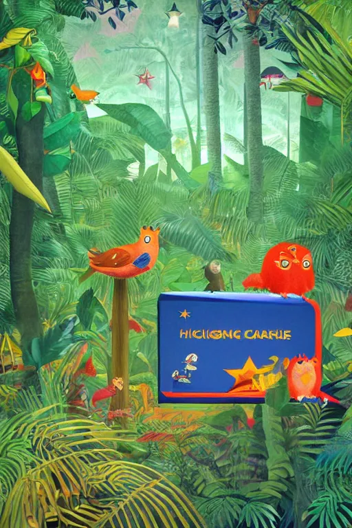 Image similar to rare bird in the jungle, night, stars, highly detailed, unreal engine render concept art, glitch, style of henri rousseau and richard scarry and hiroshi yoshida