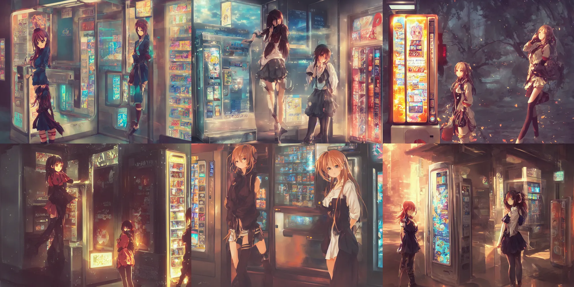 Prompt: Beautiful anime girl standing in front of a vending machine outside of a Japanese convenience store, beautiful light and shadows, D&D, fantasy, highly detailed, digital painting, artstation, concept art, sharp focus, illustration, in style of GUWEIZ and WLOP and NIXEU