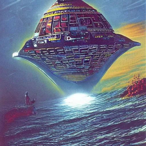 Image similar to big weird spaceship on the ocean floor, chris foss, peter elson, angus mckie, terran trade authority