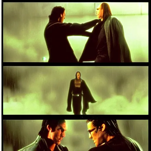 Image similar to the iconic matrix fight between neo and jar jar binks in the rain