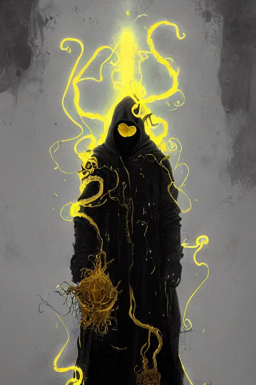 Image similar to A full body portrait of a mysterious character with no face with a very long hooded yellow cloak, a golden crown floating above his head tentacles coming out the ground art by Maciej Kuciara and Jason Chan, ominous, cosmic horror, trending on artstation, Ultra detailed, hyper realistic 4k