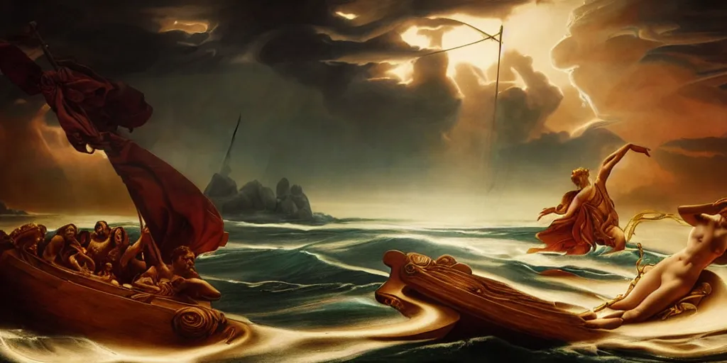 Prompt: Odysseus's ship sailing past the island of the sirens, by Rolf Armstrong and Evelyn De Morgan and Bastien Lecouffe-Deharme, dramatic lighting, high contrast colors, baroque, empyrean, panoramic view, as trending on Artstation, highly detailed, doom engine,