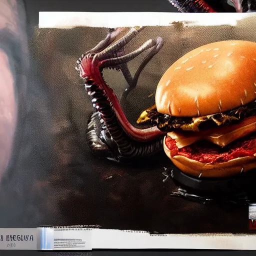 Prompt: hyper realistic hamburger as a xenomorph, painted by greg rutkowski, unreal engine,