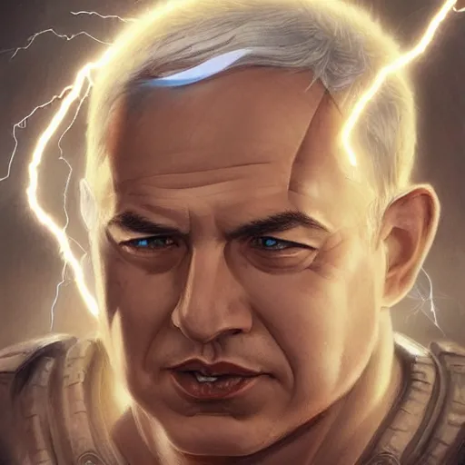 Image similar to benjamin netanyahu as the greek god of lightning, lightning bolts, highly detailed, ultra clear, by artgerm and greg rutkowski