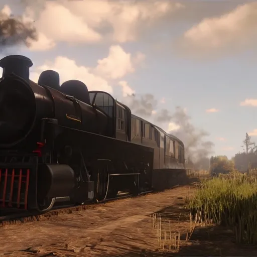 Image similar to futuristic sleek steam locomotive in red dead redemption 2