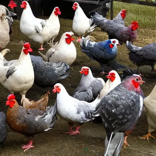 Image similar to a social gathering of gangster chickens and pigeons