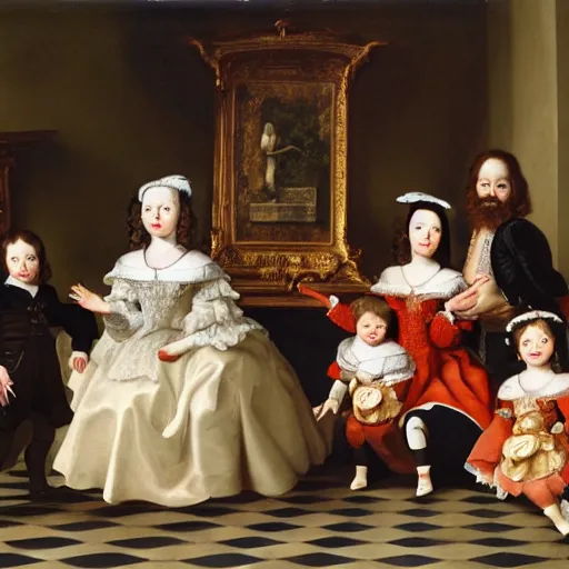 Image similar to family portrait, all subjects posing around a fountain baroque style 1 6 5 6 inspired by diego velasquez