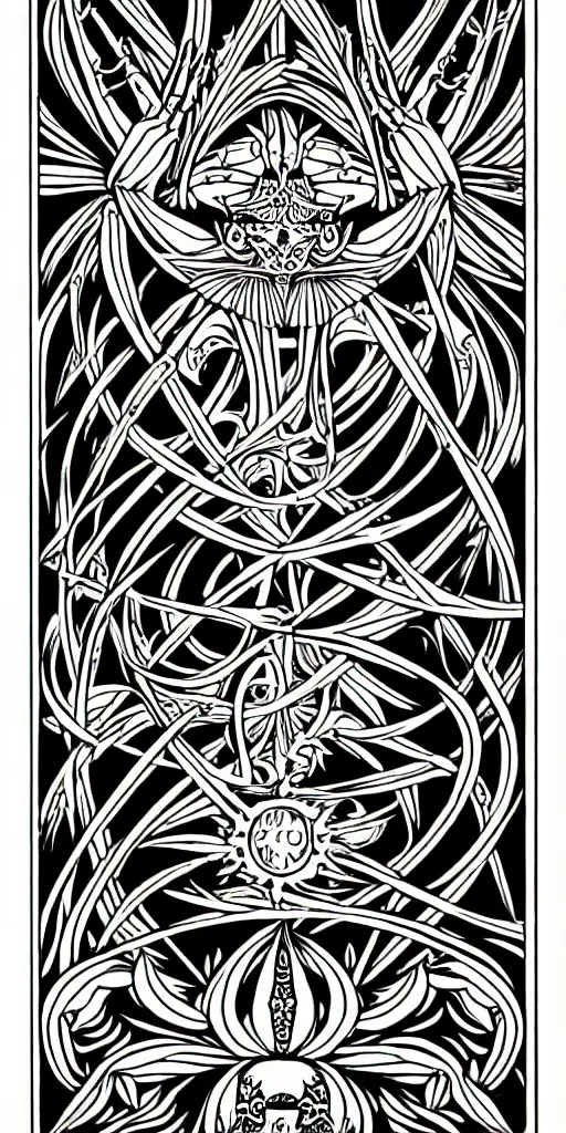 Image similar to a beautiful black and white fractal tarot card featuring bold occult imagery with clean lines. crab demon. detailed adult coloring book