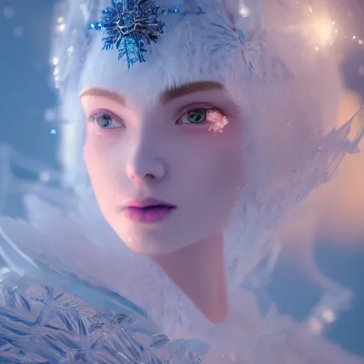 Image similar to ice goddess with beautiful face with a glowing blue crystal on her forehead, full body, frosty white eyes, winter mist around her, white plated armor, pale skin, white smoke, octane render, frostbite, 8 k, cinematic, 3 5 mm, aspect ratio