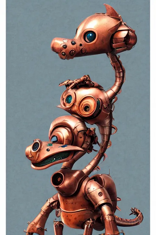 Image similar to a cute dragon robot, painted by wally wood and matt jefferies, trending on artstation, steam punk, bright macro view pixar, award - winning, blueprint, big eyes, ( ( ( copper ) ) ) wire whiskers, chillwave, realism