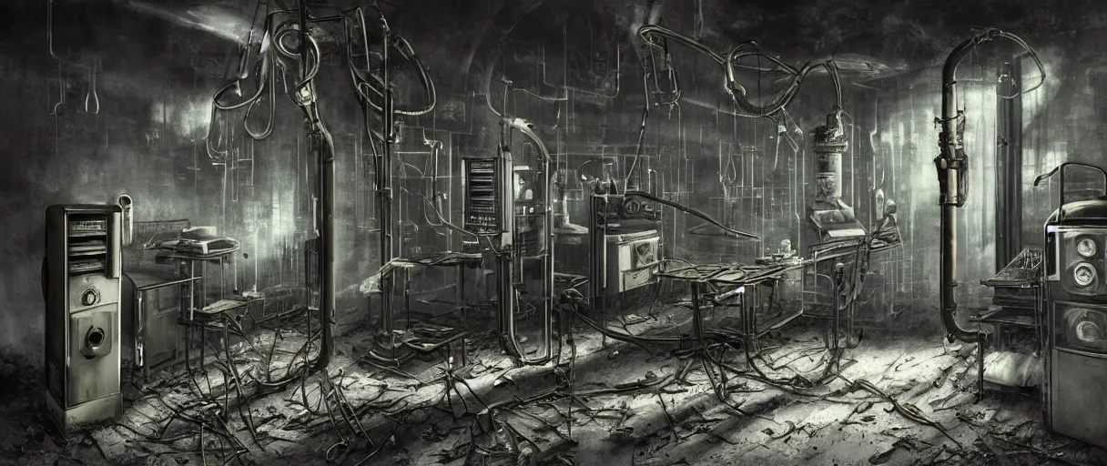 Image similar to abandoned laboratory from 1 9 3 0 s - early xx century - vintage vacuum - tube computers - metal pipes - obsolete technology - high resolution - sharp focus 4 k - dark atmosphere - high contrast - retro futuristic - biomechanic mutation - volumentric lighting - cinematic atmosphere - concept art by hans giger, ruan jia, steve mccurry