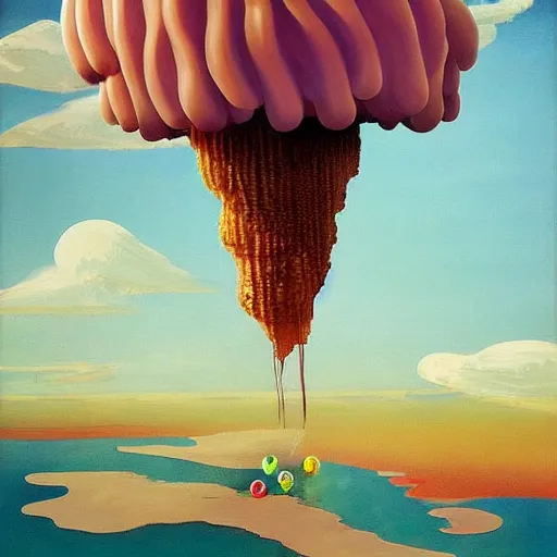 Image similar to Giant ice cream jellyfish and jellybeans fly through the air, as a tornado approaches, by Takashi Murakami, Edward Hopper, Bo Bartlett, and Cynthia Sheppard, Artstation