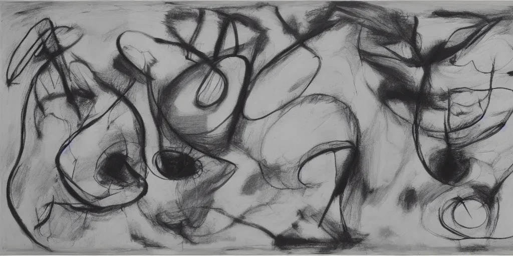 Image similar to large black white painting by de kooning on white canvas, soft blue and pink tints, thin black lines, detailed by martha jungwirth drawing sketch pencil on paper, painted by yves tanguy, oil on canvas, mark rothko painting, thick impasto, broad campitures