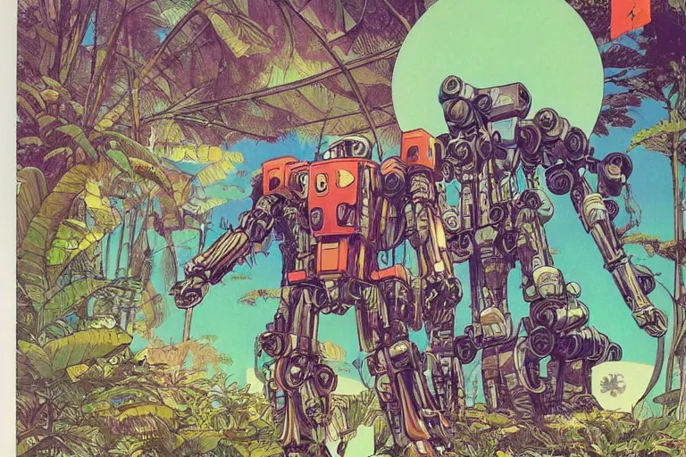 Image similar to gigantic man head, a lot of exotic vegetation around, trees, tremendous mecha robot, flowers, risograph!, oldschool vintage sci - fi flat surreal design, super - detailed, painting by moebius and satoshi kon and jodorowski