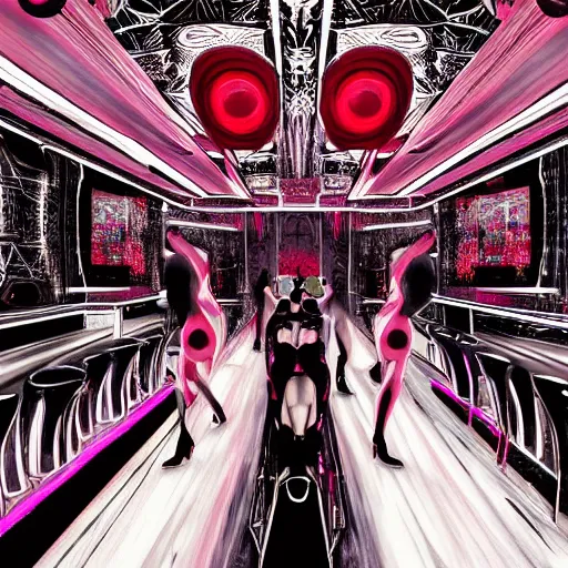 Prompt: ultra realist soft painting render of the inside futuristic bar in loveraftian universe, beautiful cyborg dancers, crowded silhouettes, symmetry accurate features, very intricate details, black white red purple color palette, masterpiece award winning, cinematic lighting, focus