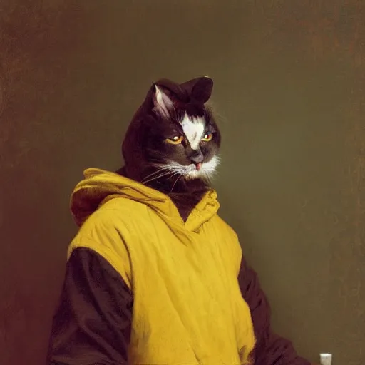 Image similar to belligerent man wearing a cat costume with a yellow hoodie greg danton william adolphe bouguereau vasily surikov anton fadeev simon stalenhag